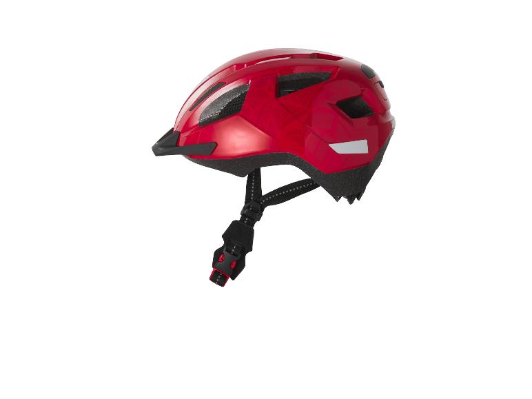 Ein roter Fahrradhelm mit schwarzen Riemen