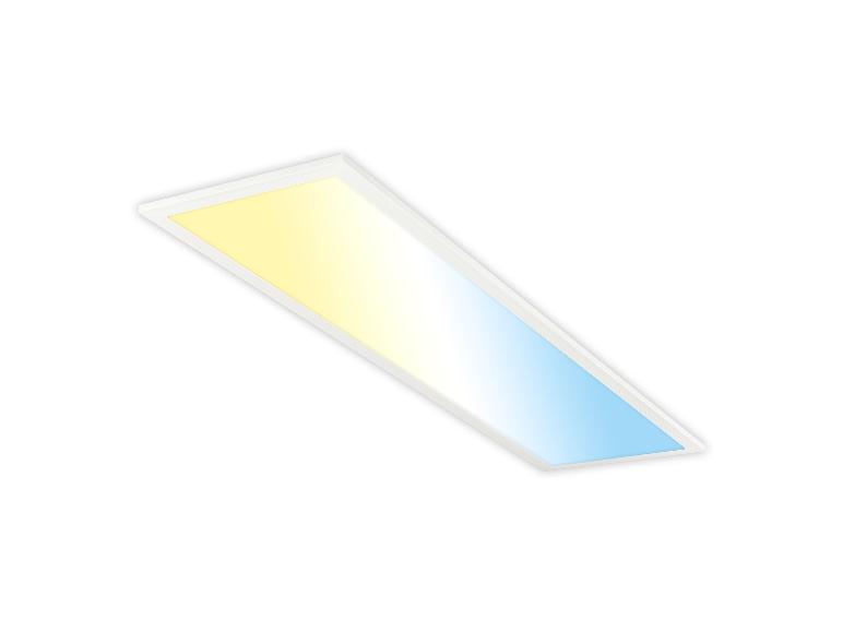 Rechteckiges LED-Panel mit einstellbarem Licht, von Gelb bis Blau.