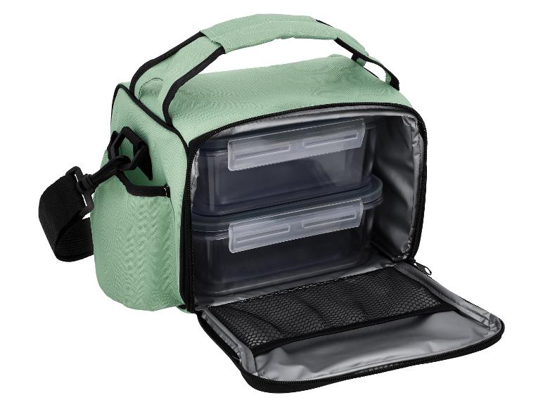 Hellgrüne Kühltasche mit zwei transparenten Lebensmittelbehältern und Schultergurt
