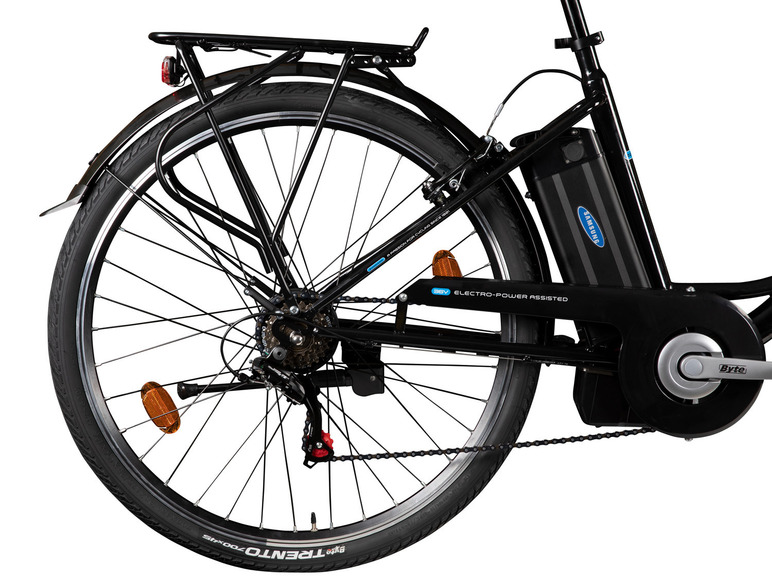 Schwarzes Elektrofahrrad mit Hinterrad, Samsung-Akku und Byte-Motor.