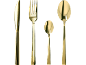 Goldfarbenes, vierteiliges Besteckset auf schwarzem Hintergrund.