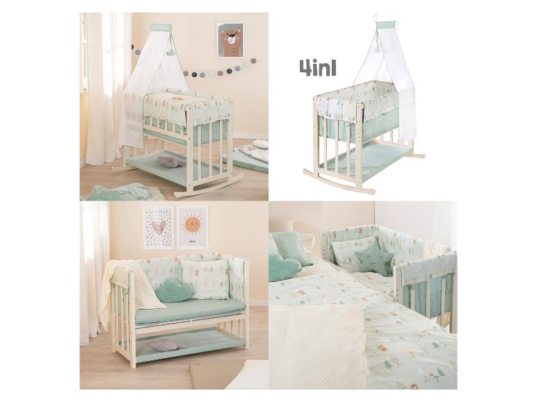 4-in-1 Babybett mit Wald-Motiv-Bettwäsche und Himmel.