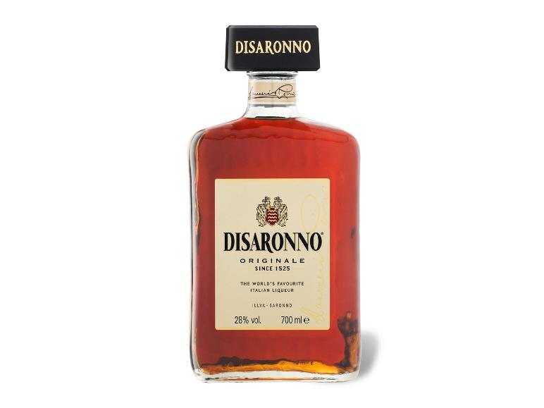 Eine Flasche Disaronno Originale Likör mit beigem Etikett und schwarzem Verschluss auf weißem Hintergrund.
