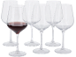 Set aus sechs Weingläsern, von denen eines mit Rotwein gefüllt ist.