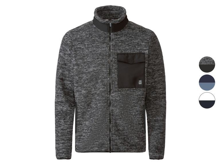 Ein graues Fleece-Jacket mit Reißverschluss und einer Brusttasche