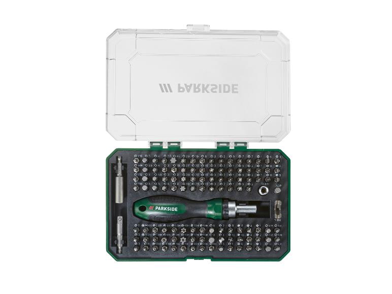 Ein Präzisionsschraubendreher-Set mit einer großen Auswahl an Bits und einem ergonomischen Griff, präsentiert in einer transparenten Box.