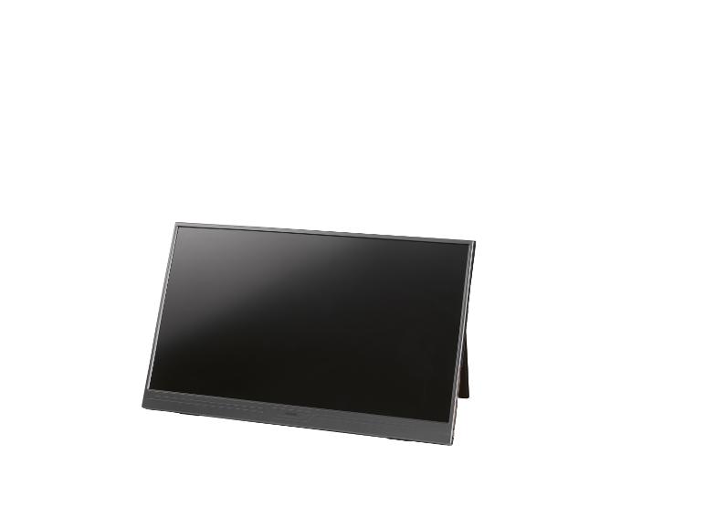 Schwarzer tragbarer Monitor mit dunklem Bildschirm, auf einem Ständer.
