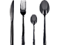 Schwarzes Besteckset mit Messer, Gabel, kleinem und großem Löffel auf schwarzem Hintergrund.