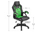 Ein schwarz-grüner Gaming-Stuhl mit Armlehnen und Rollen.
