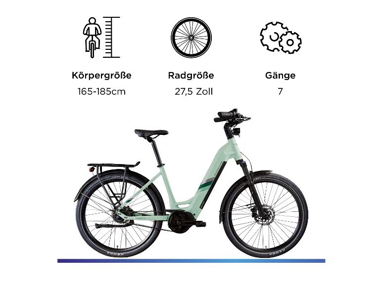 Grünes E-Bike mit Gepäckträger, 7 Gängen, 27,5 Zoll Rädern und empfohlener Körpergröße 165-185 cm.