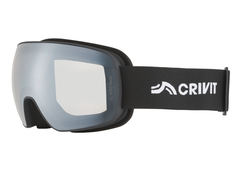 Schwarze Skibrille mit verspiegelten Gläsern und elastischem Band mit dem Text „S2 SPEQ GmbH“.