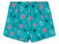 Türkisfarbene Shorts mit Blumenmuster und Hufeisen.