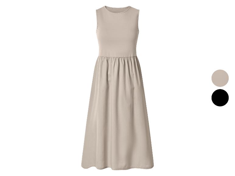 Beiges ärmelloses Damenkleid mit gerafftem Rock, auch in Schwarz erhältlich.