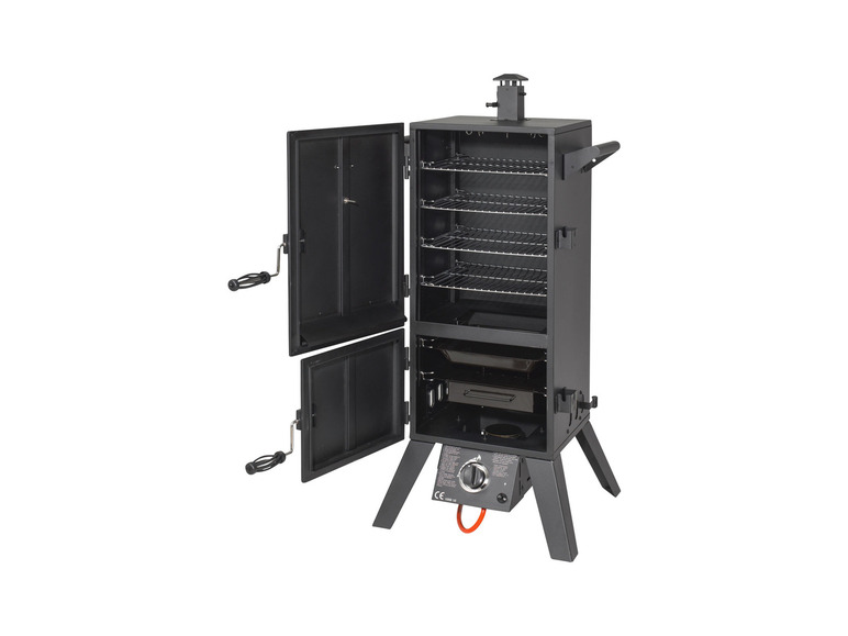 Ein schwarzer Gasräucherofen mit offener Tür, bereit zur Verwendung.