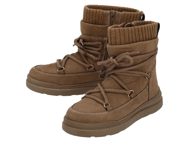 Braune Wildleder-Winterstiefel mit Schnürsenkeln und Strickbesatz.