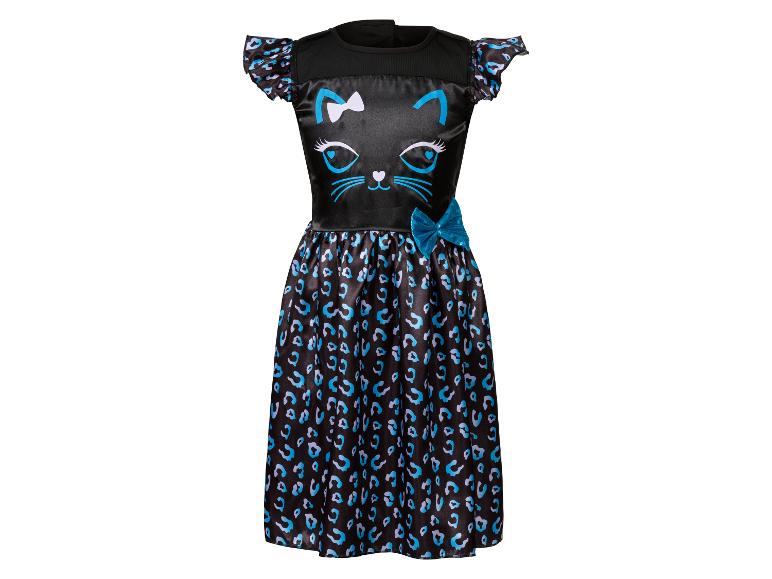 Schwarzes Kleid mit Leopardenmuster und einem Katzenmotiv.