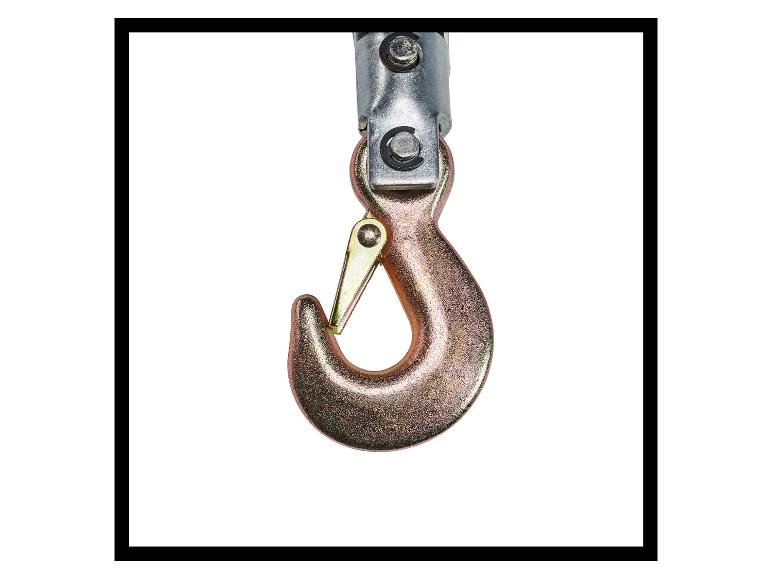 Ein Metallhaken mit Sicherheitsverschluss auf weißem Hintergrund.