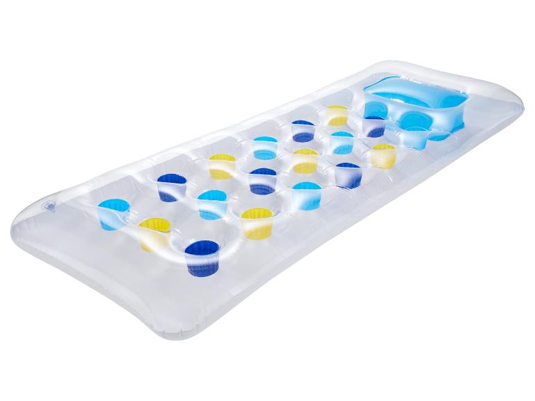 Transparente Luftmatratze mit integrierten Getränkehaltern für den Pool.