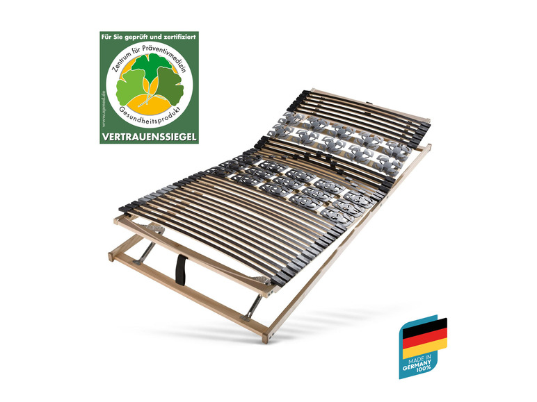 Ein Lattenrost mit verstellbaren Beinen, hergestellt in Deutschland.