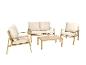 Gartenmöbel-Set mit zwei Sesseln, einem Zweisitzer-Sofa und einem Couchtisch mit beigen Kissen.