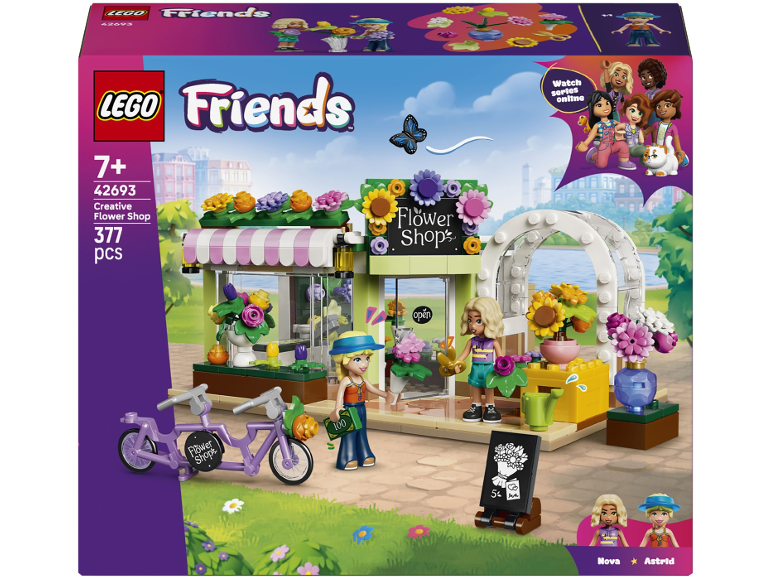 Spielzeug-Blumenladen-Set mit zwei Figuren, Fahrrad und 377 Teilen für Kinder ab 7 Jahren.