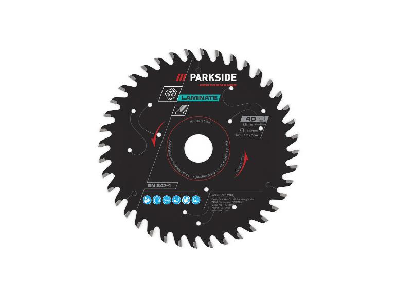 Ein Parkside Performance Kreissägeblatt für Laminat, mit Spezifikationen und Sicherheitssymbolen.