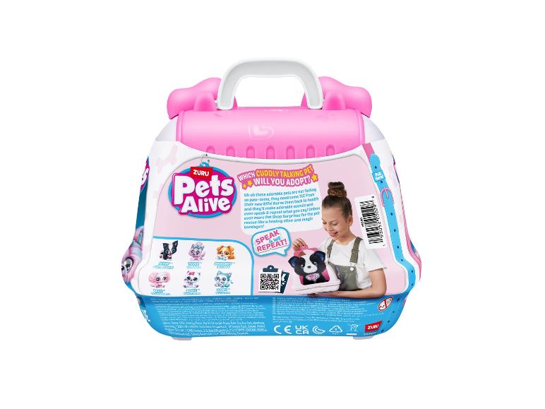 Rosa Pets Alive Spielzeugverpackung, mit einem Mädchen, das einen Welpen hält, und verschiedenen Plüschtieren.