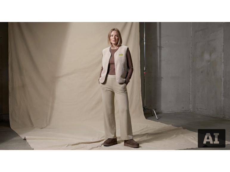 Eine Frau in einer beigen Fleeceweste, einem braunen Langarmshirt und einer passenden Hose.