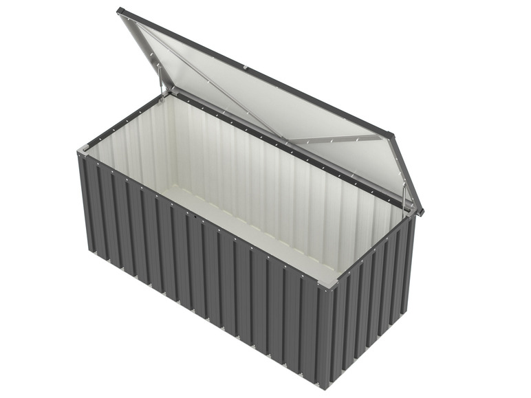 Eine Metall-Aufbewahrungsbox mit offenem Deckel.
