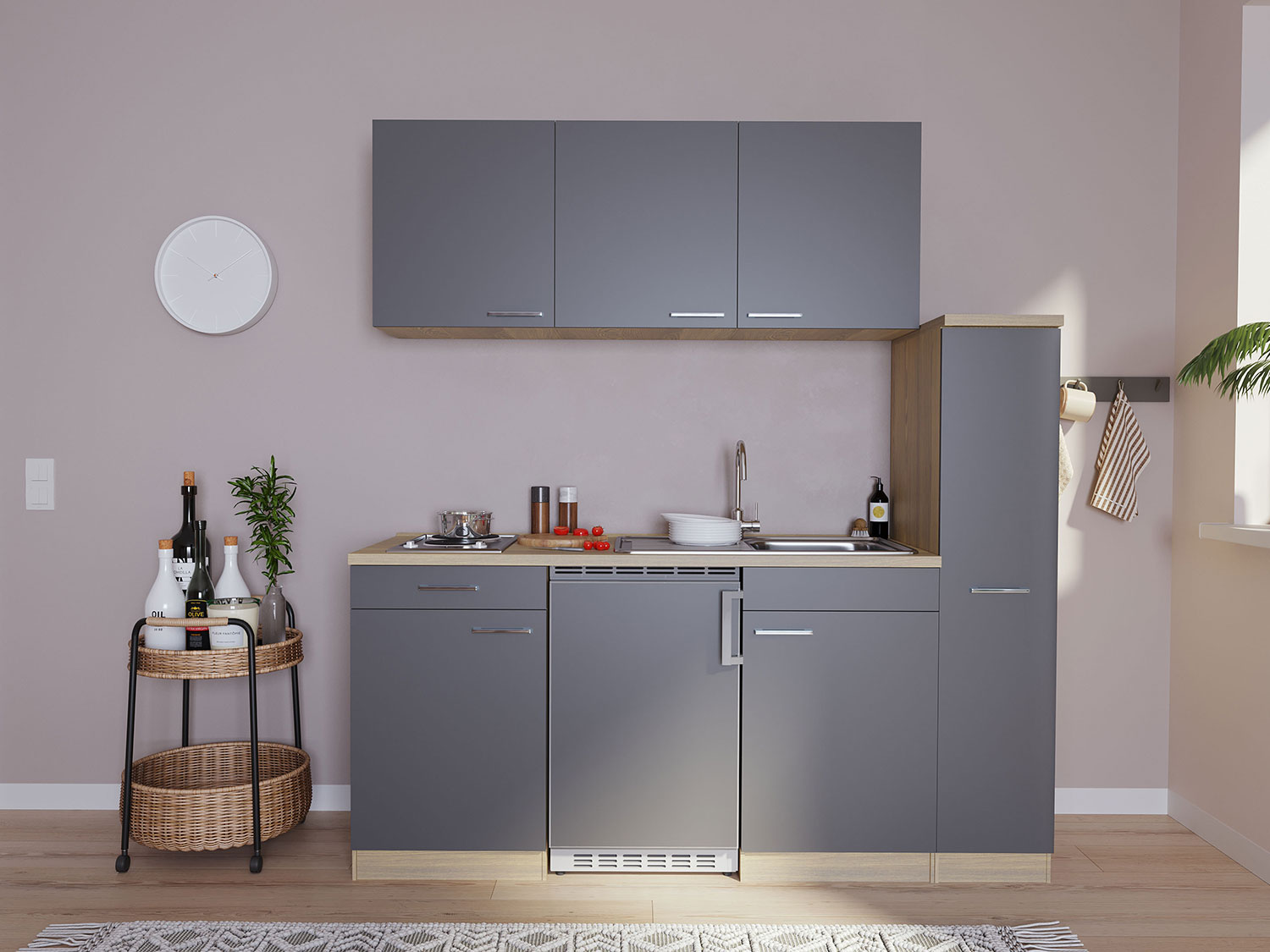 Respekta Singleküche Eiche Sonoma Sägerau 150/160/180cm (ohne Mikrowelle, grau mit Kochmulde, Breite 180cm) | 04260344974115