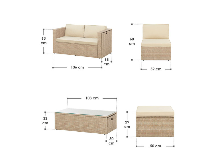 Eine Lounge-Garnitur mit einem Zweisitzer-Sofa, einem Sessel, einem Couchtisch und einem Hocker.