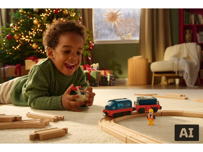 Glückliches Kind spielt am Weihnachtsmorgen mit einer Spielzeugeisenbahn.