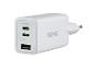 Weißes Wandladegerät mit zwei USB-C PD 45W Anschlüssen und einem USB-A Anschluss.