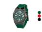 Grüne Herrenuhr mit dunkelgrauem Gehäuse und grünem Kautschukarmband.