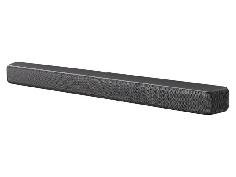 Schwarze Soundbar mit perforiertem Gitter und roter Anzeigeleuchte