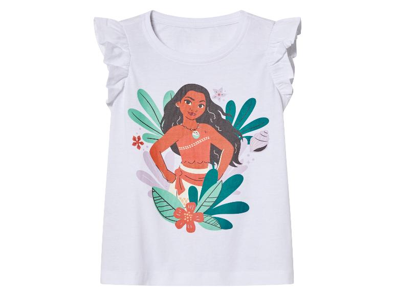 Weißes T-Shirt mit Rüschen, Moana-Motiv und tropischen Blumen.