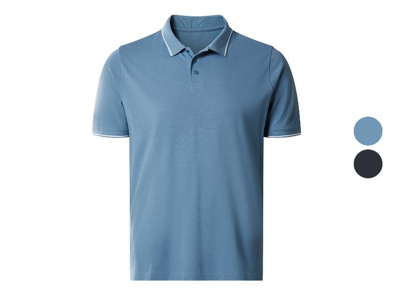 Blaues Kurzarm-Poloshirt mit weißen Streifen an Kragen und Ärmeln, mit Farboptionen.