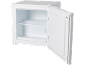 Weißer Mini-Kühlschrank mit offener Tür, zeigt ein Regal und einen Temperaturregler.