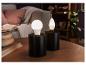 Zwei schwarze Lampen mit runden und tropfenförmigen LED-Lampen auf einem Holztisch.
