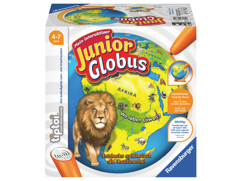Interaktiver Junior Globus für Kinder mit Lernstift und illustrierter Weltkarte.