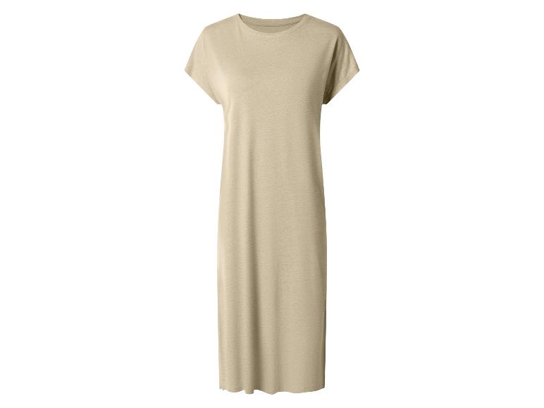 Beiges Damen-Maxikleid mit kurzen Ärmeln und Rundhalsausschnitt.