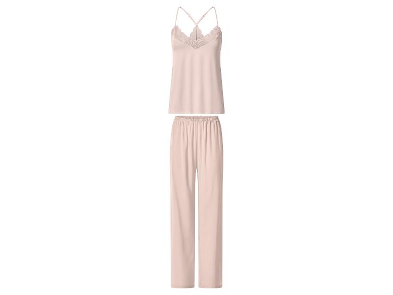 Zweiteiliger hellrosa Damenpyjama mit Spaghettiträger-Top und langer Hose.