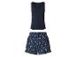 Damen-Pyjama-Set mit marineblauem Tanktop und gemusterten Shorts.
