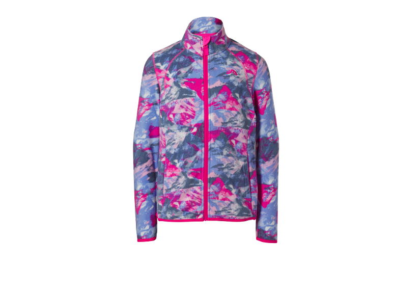Kinder-Fleecejacke mit farbigem abstraktem Muster und fuchsiafarbenem Reißverschluss.