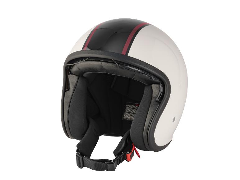 Ein weißer Motorradhelm mit schwarzen und roten Streifen.