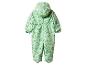 Hellgrüner Kinder-Overall mit Kapuze und Waldtiermuster.