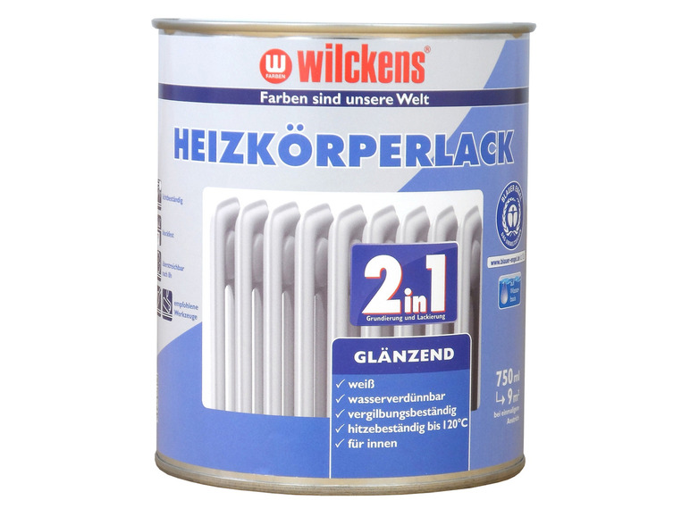Weißer Glanzlack von Wilckens für Heizkörper, 2 in 1 Grundierung und Lack.