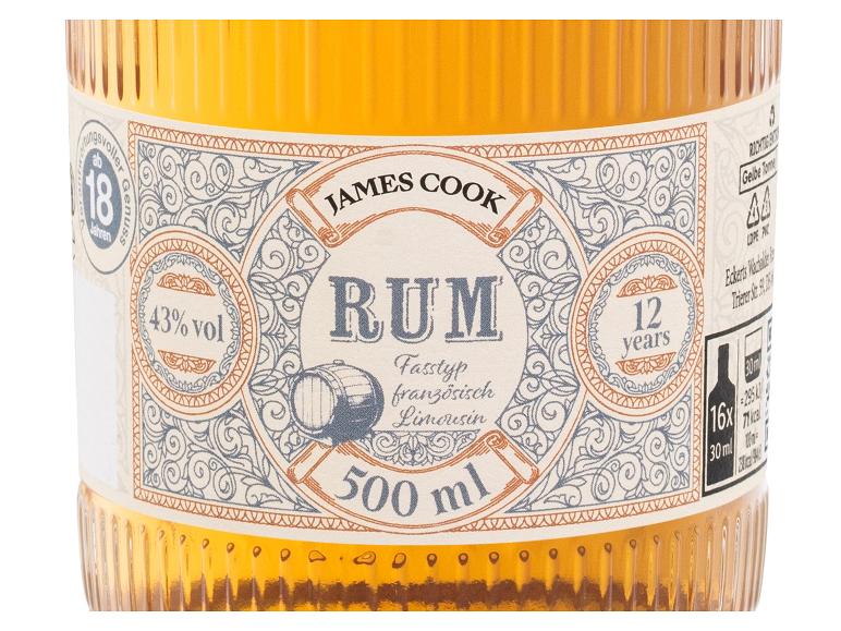 Flasche James Cook Rum, 12 Jahre alt, 43% vol, 500 ml, mit französischem Limousin-Fasstyp.