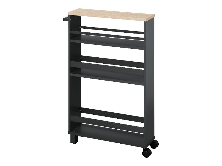 Ein hoher, schmaler Schrank in Dunkelgrau mit Holzplatte.