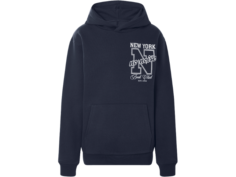 Dunkelblauer Kapuzenpullover mit weißem Text „NEW YORK no noise Book Club EST. 1995“.